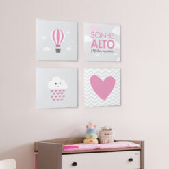 Kit 4 Quadros Sonhe Alto Menina Balão Nuvem Coração