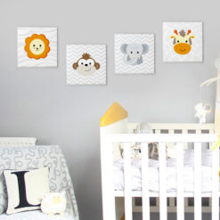 Kit 4 Quadros Safári Leão Girafa Elefante Macaco