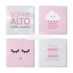 Kit 4 Quadros Sonhe Alto Menina Nuvem Cílios Irmão