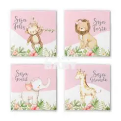 Kit 4 Quadros Safári Classic Rosa - Baby Girl