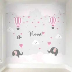 Papel de Parede Painel Adesivo Sonhe Alto Nuvem Balão Elefante Rosa