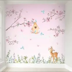 Papel de Parede Adesivo Jardim Galhos Flores Rosa