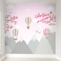 Papel de Parede Montanhas e Balões Flores Rosa