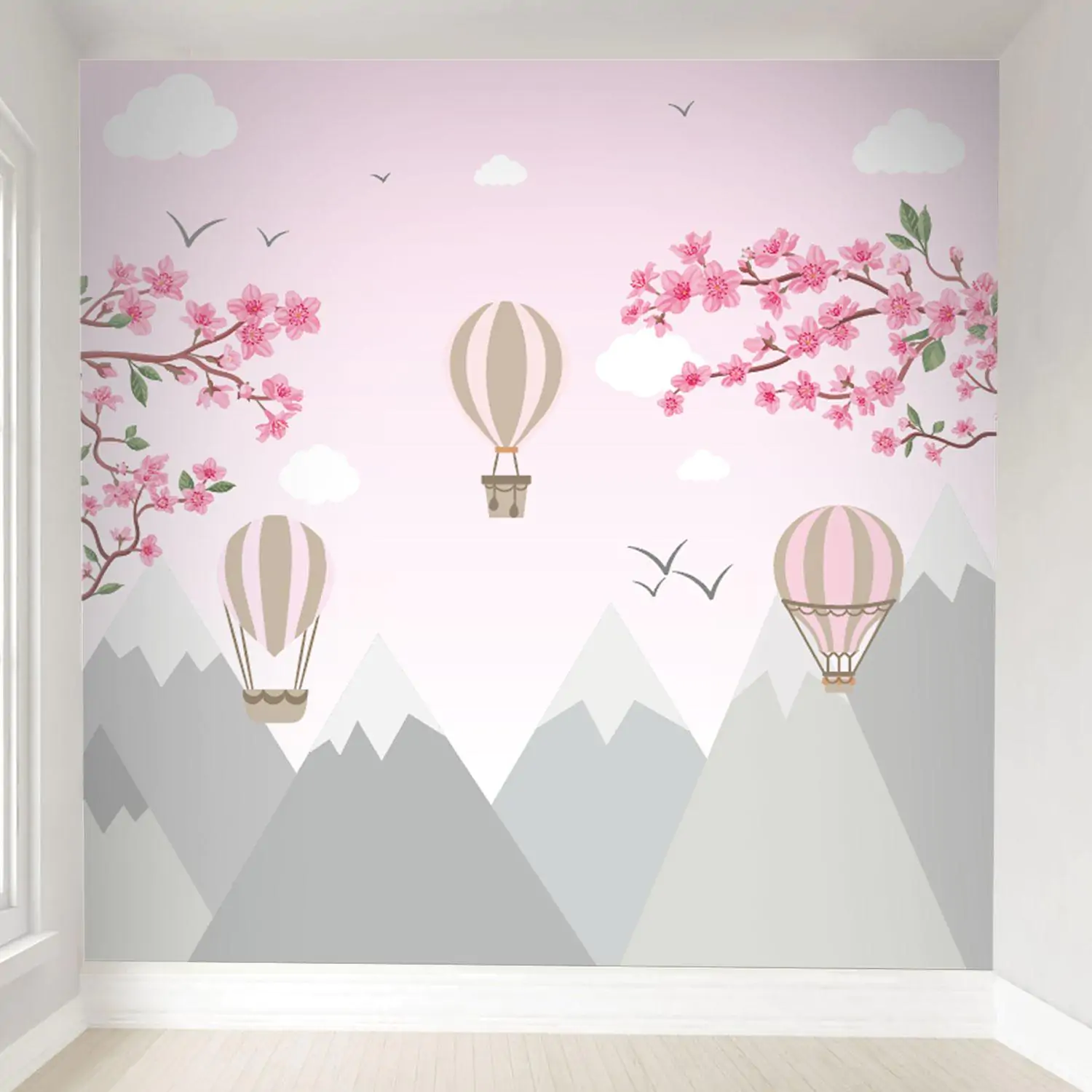 Papel de Parede Montanhas e Balões Flores Rosa 1 Papel de Parede Montanhas e Balões Flores Rosa