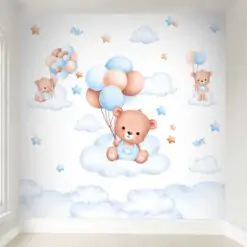 Papel de Parede Ursinho Nuvens Balões