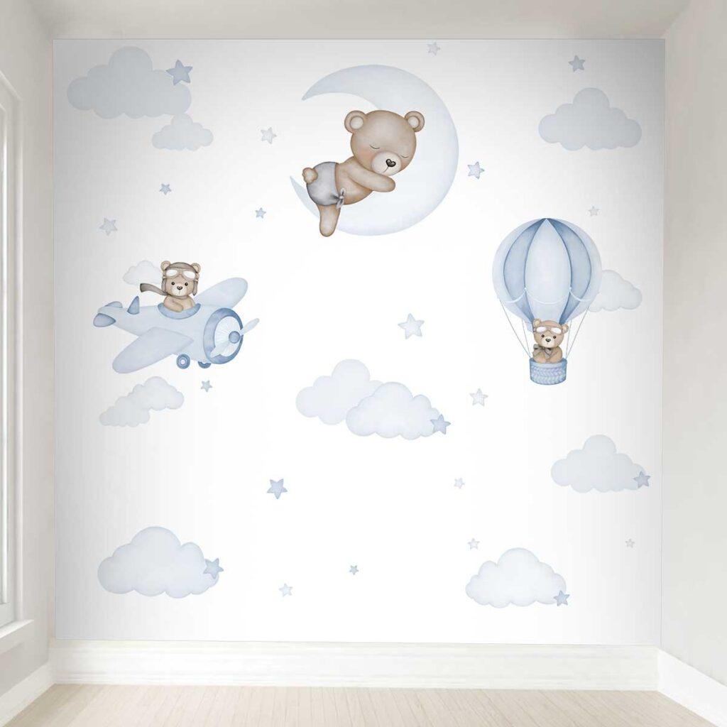 papel de parede ursinho aviador aquarela azul