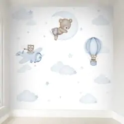 papel de parede ursinho aviador aquarela azul